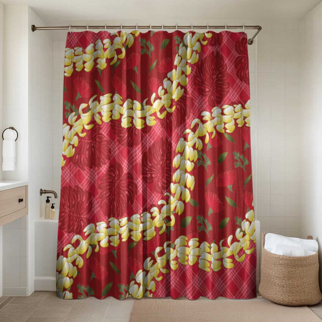 Red Palaka Hawaii Mele Kalikimaka Bathroom Set Ohia Lehua Monstera Puakenikeni Lei - Polynesian Pride