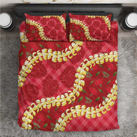 Red Palaka Hawaii Mele Kalikimaka Bedding Set Ohia Lehua Monstera Puakenikeni Lei - Polynesian Pride