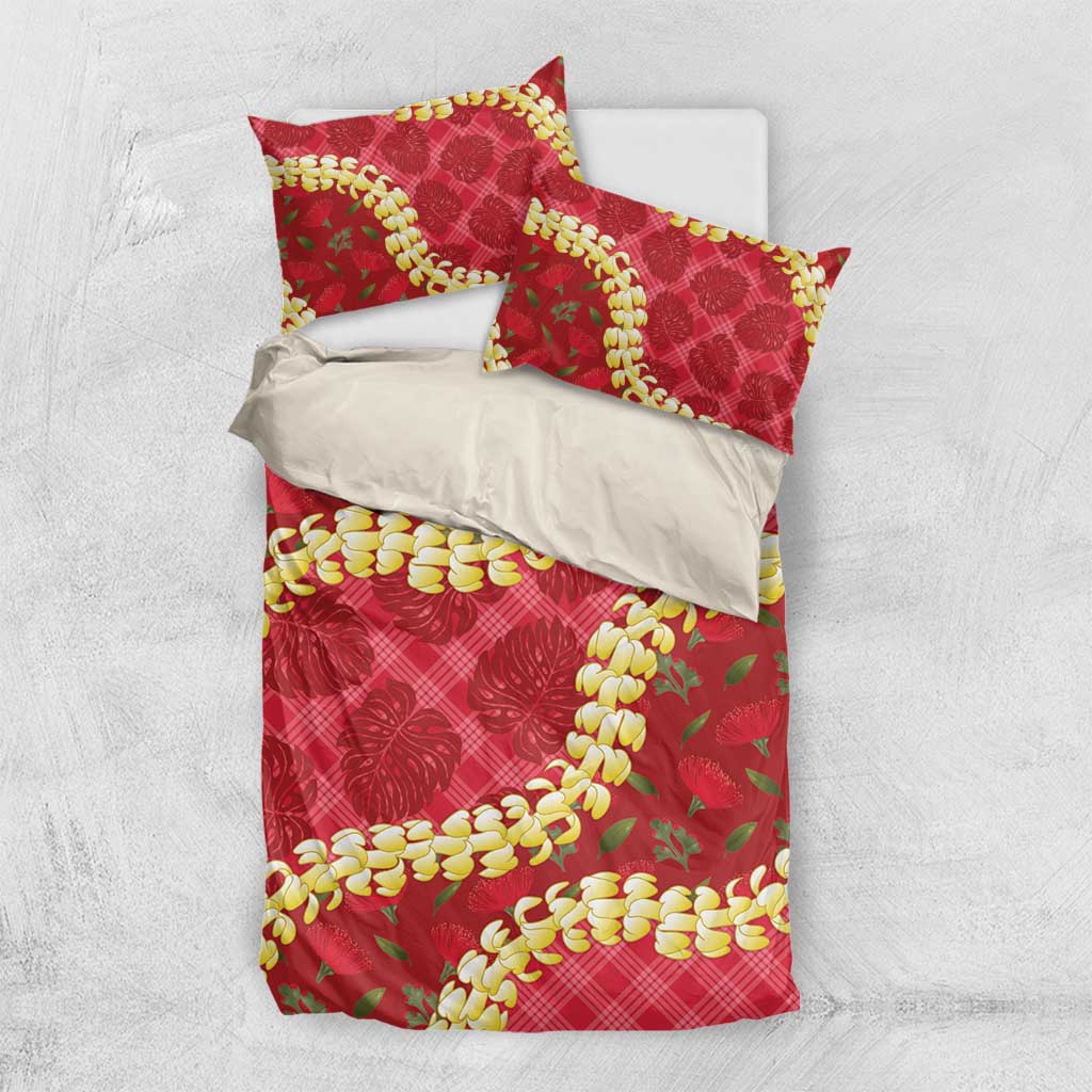 Red Palaka Hawaii Mele Kalikimaka Bedding Set Ohia Lehua Monstera Puakenikeni Lei - Polynesian Pride