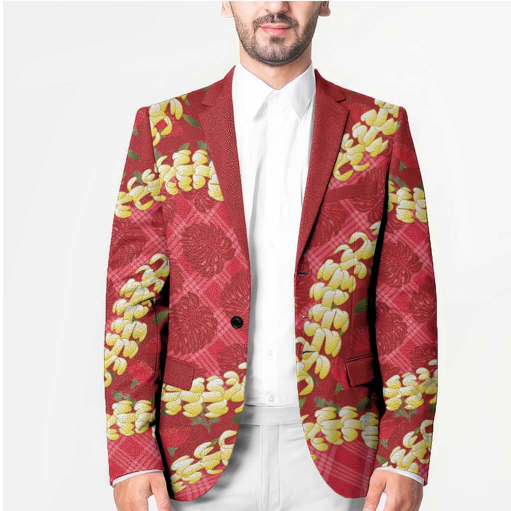 Red Palaka Hawaii Mele Kalikimaka Blazer Ohia Lehua Monstera Puakenikeni Lei LT14 - Polynesian Pride