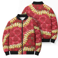 Red Palaka Hawaii Mele Kalikimaka Bomber Puffer Jacket Ohia Lehua Monstera Puakenikeni Lei - Polynesian Pride
