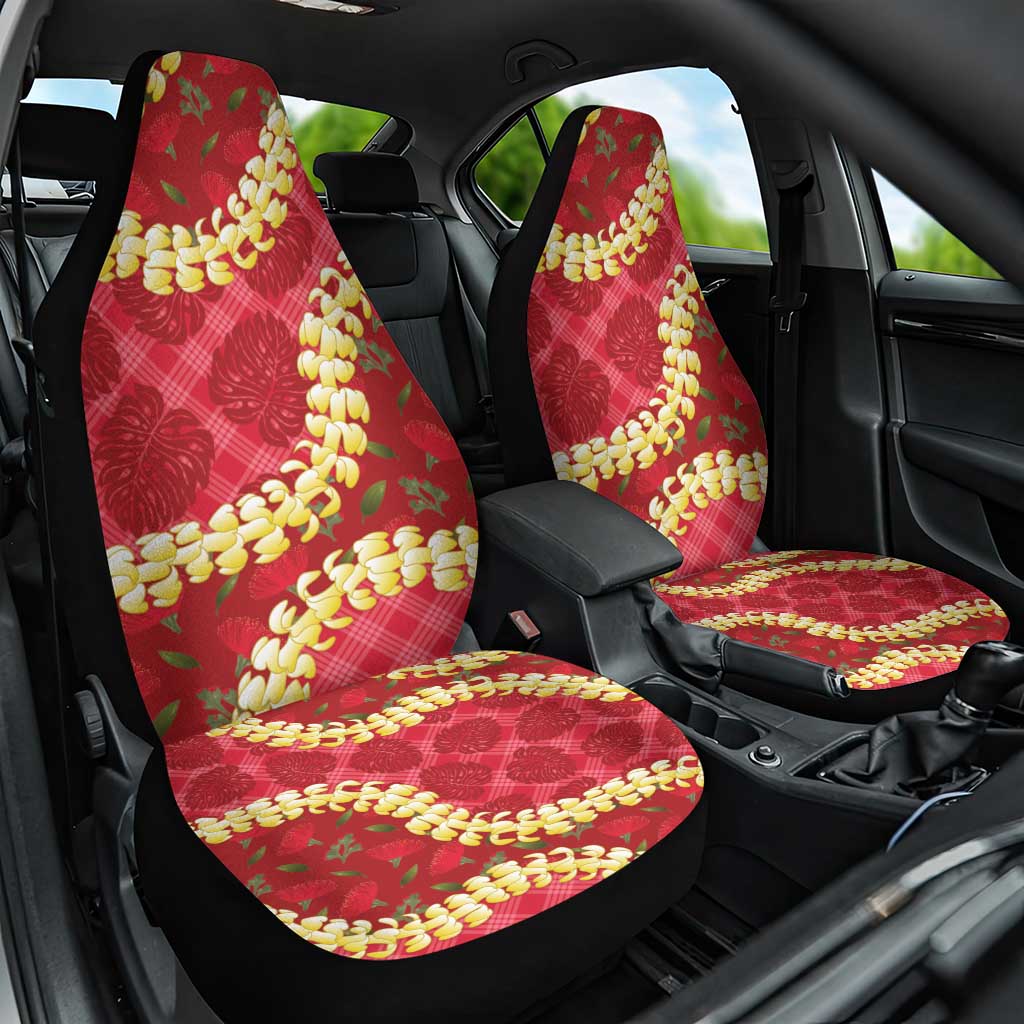Red Palaka Hawaii Mele Kalikimaka Car Seat Cover Ohia Lehua Monstera Puakenikeni Lei - Polynesian Pride
