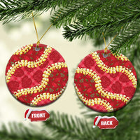 Red Palaka Hawaii Mele Kalikimaka Ceramic Ornament Ohia Lehua Monstera Puakenikeni Lei - Polynesian Pride