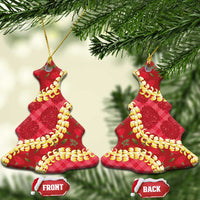 Red Palaka Hawaii Mele Kalikimaka Ceramic Ornament Ohia Lehua Monstera Puakenikeni Lei - Polynesian Pride