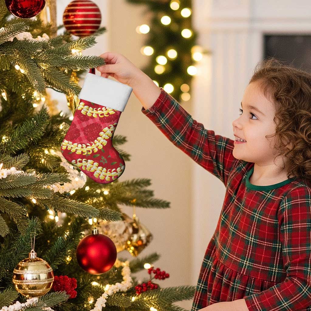 Red Palaka Hawaii Mele Kalikimaka Christmas Stocking Ohia Lehua Monstera Puakenikeni Lei - Polynesian Pride