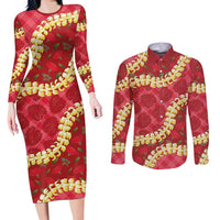 Red Palaka Hawaii Mele Kalikimaka Couples Matching Long Sleeve Bodycon Dress and Long Sleeve Button Shirt Ohia Lehua Monstera Puakenikeni Lei - Polynesian Pride