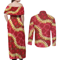 Red Palaka Hawaii Mele Kalikimaka Couples Matching Off Shoulder Maxi Dress and Long Sleeve Button Shirt Ohia Lehua Monstera Puakenikeni Lei - Polynesian Pride