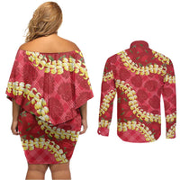 Red Palaka Hawaii Mele Kalikimaka Couples Matching Off Shoulder Short Dress and Long Sleeve Button Shirt Ohia Lehua Monstera Puakenikeni Lei - Polynesian Pride