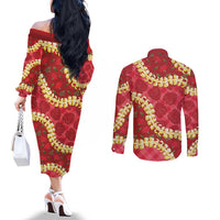 Red Palaka Hawaii Mele Kalikimaka Couples Matching Off The Shoulder Long Sleeve Dress and Long Sleeve Button Shirt Ohia Lehua Monstera Puakenikeni Lei - Polynesian Pride