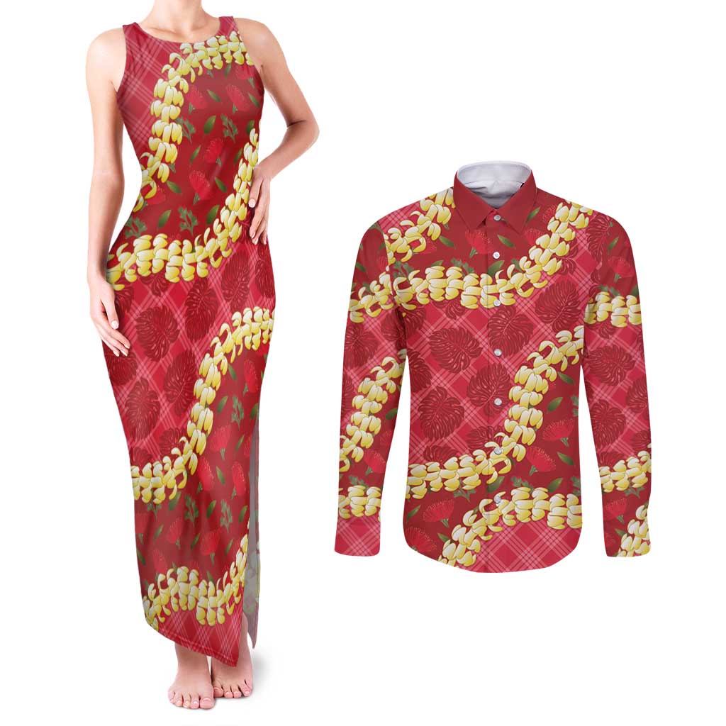 Red Palaka Hawaii Mele Kalikimaka Couples Matching Tank Maxi Dress and Long Sleeve Button Shirt Ohia Lehua Monstera Puakenikeni Lei - Polynesian Pride
