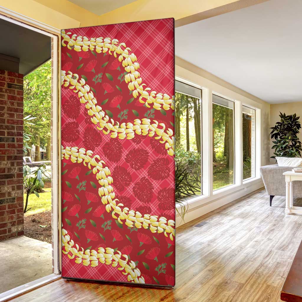 Red Palaka Hawaii Mele Kalikimaka Door Cover Ohia Lehua Monstera Puakenikeni Lei - Polynesian Pride