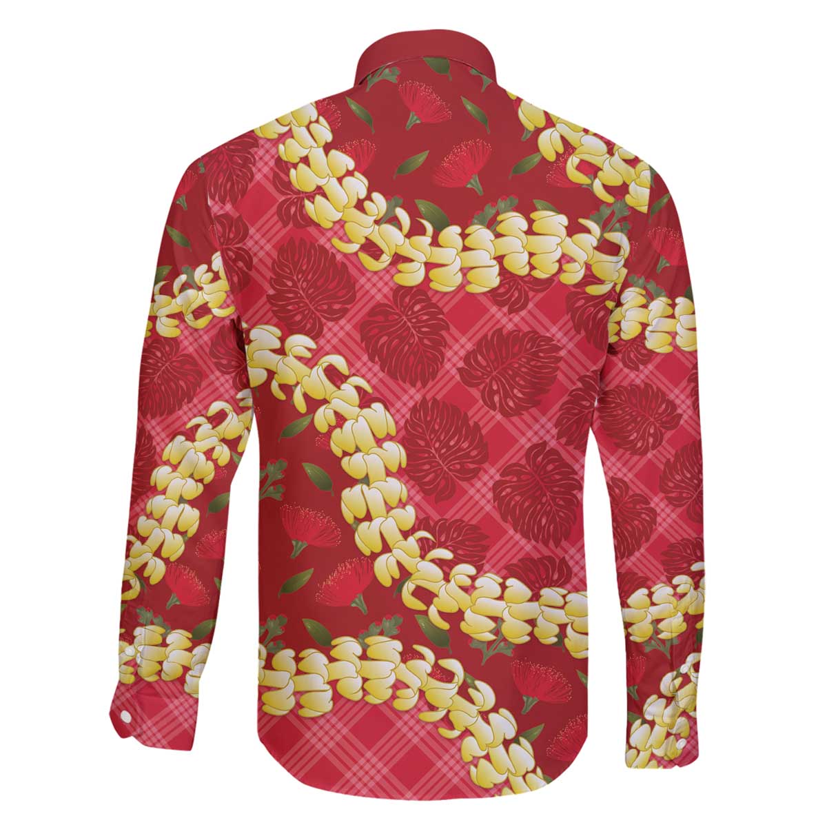 Red Palaka Hawaii Mele Kalikimaka Family Matching Off The Shoulder Long Sleeve Dress and Hawaiian Shirt Ohia Lehua Monstera Puakenikeni Lei - Polynesian Pride