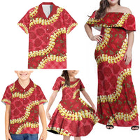 Red Palaka Hawaii Mele Kalikimaka Family Matching Off Shoulder Maxi Dress and Hawaiian Shirt Ohia Lehua Monstera Puakenikeni Lei - Polynesian Pride