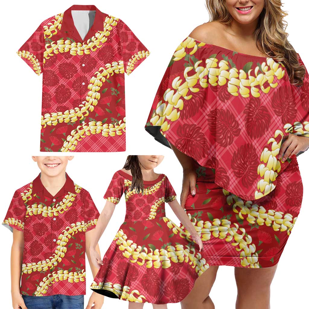 Red Palaka Hawaii Mele Kalikimaka Family Matching Off Shoulder Short Dress and Hawaiian Shirt Ohia Lehua Monstera Puakenikeni Lei - Polynesian Pride