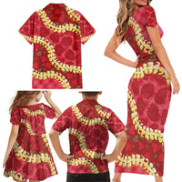 Red Palaka Hawaii Mele Kalikimaka Family Matching Short Sleeve Bodycon Dress and Hawaiian Shirt Ohia Lehua Monstera Puakenikeni Lei - Polynesian Pride
