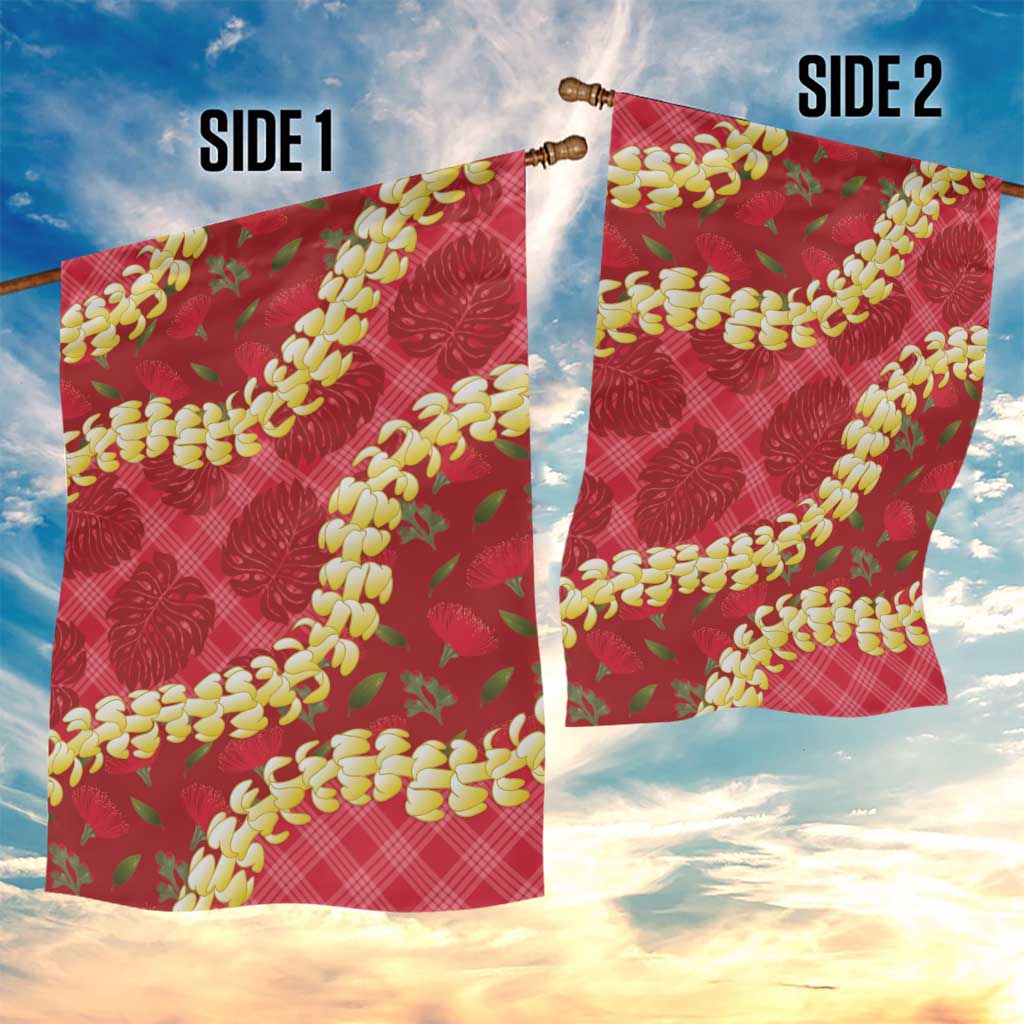 Red Palaka Hawaii Mele Kalikimaka Garden Flag Ohia Lehua Monstera Puakenikeni Lei - Polynesian Pride