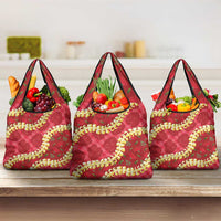 Red Palaka Hawaii Mele Kalikimaka Grocery Bag Ohia Lehua Monstera Puakenikeni Lei - Polynesian Pride
