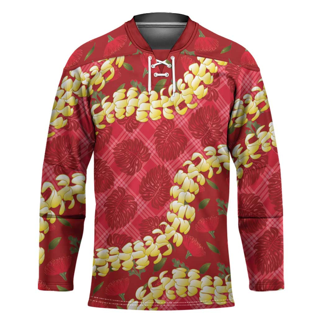 Red Palaka Hawaii Mele Kalikimaka Hockey Jersey Ohia Lehua Monstera Puakenikeni Lei - Polynesian Pride