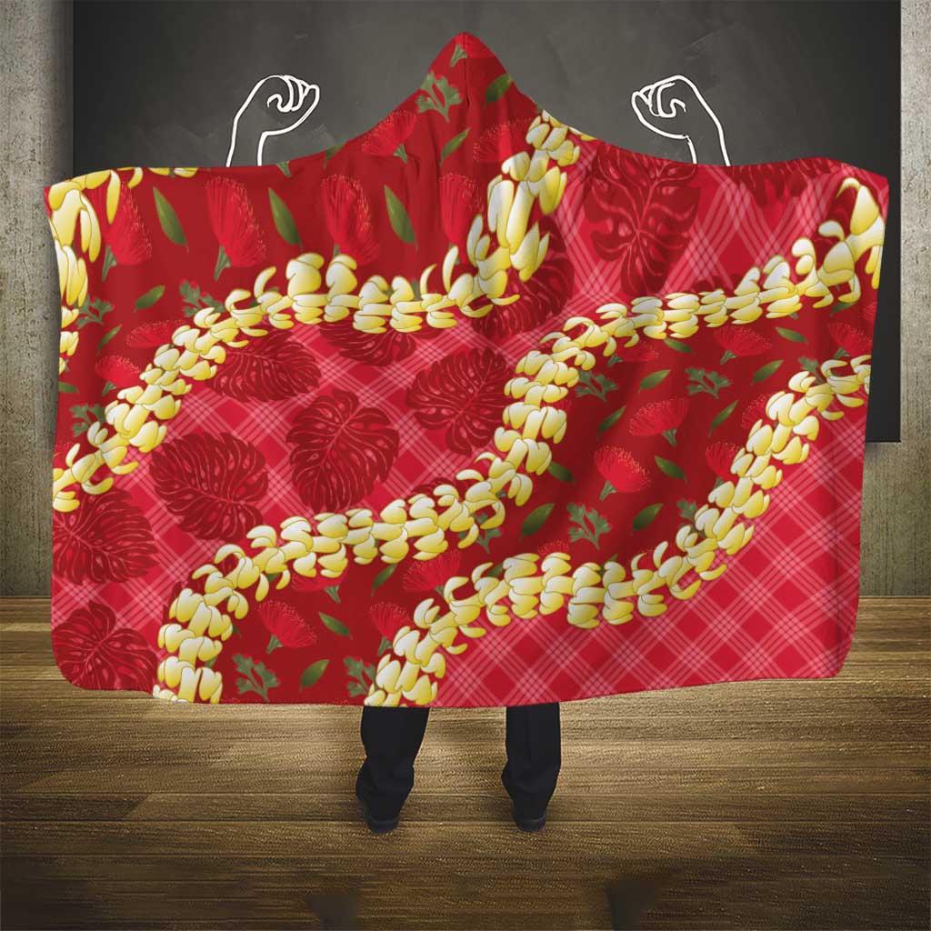 Red Palaka Hawaii Mele Kalikimaka Hooded Blanket Ohia Lehua Monstera Puakenikeni Lei - Polynesian Pride