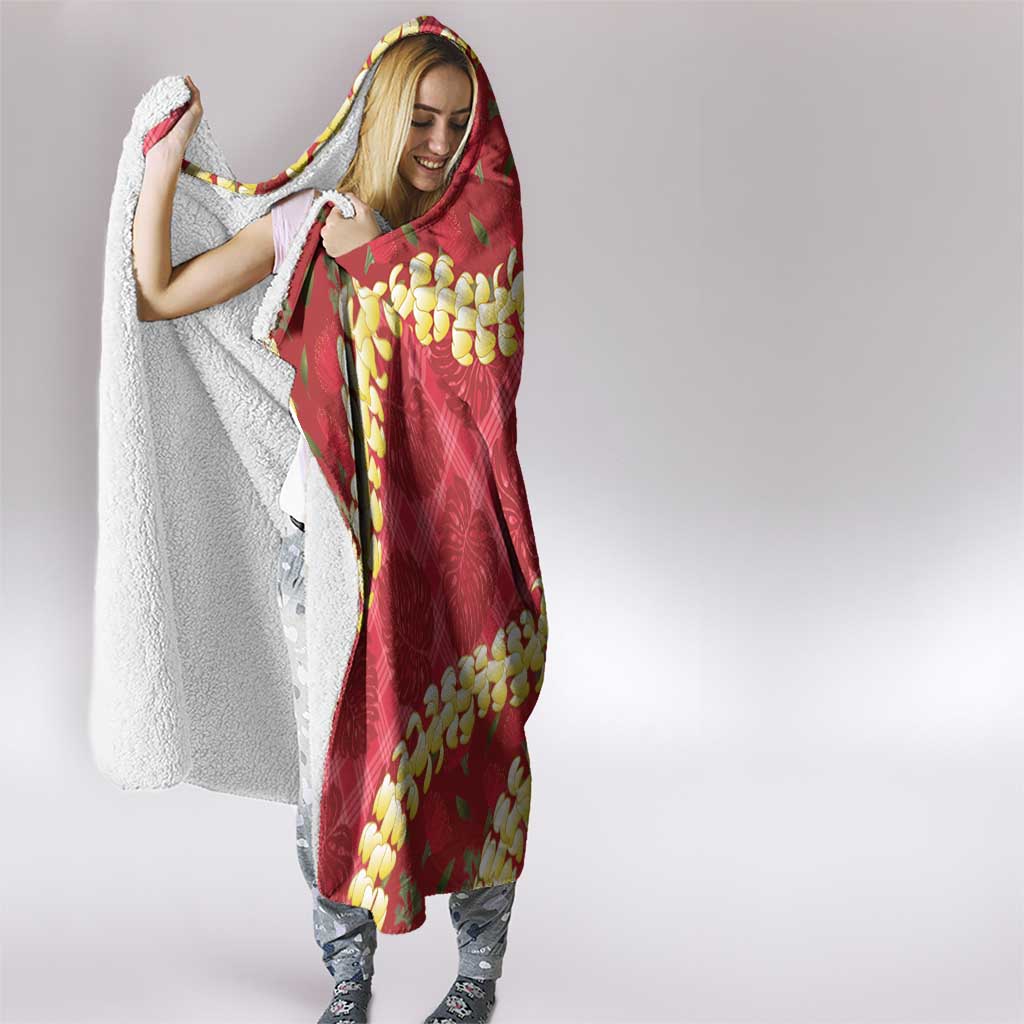 Red Palaka Hawaii Mele Kalikimaka Hooded Blanket Ohia Lehua Monstera Puakenikeni Lei - Polynesian Pride