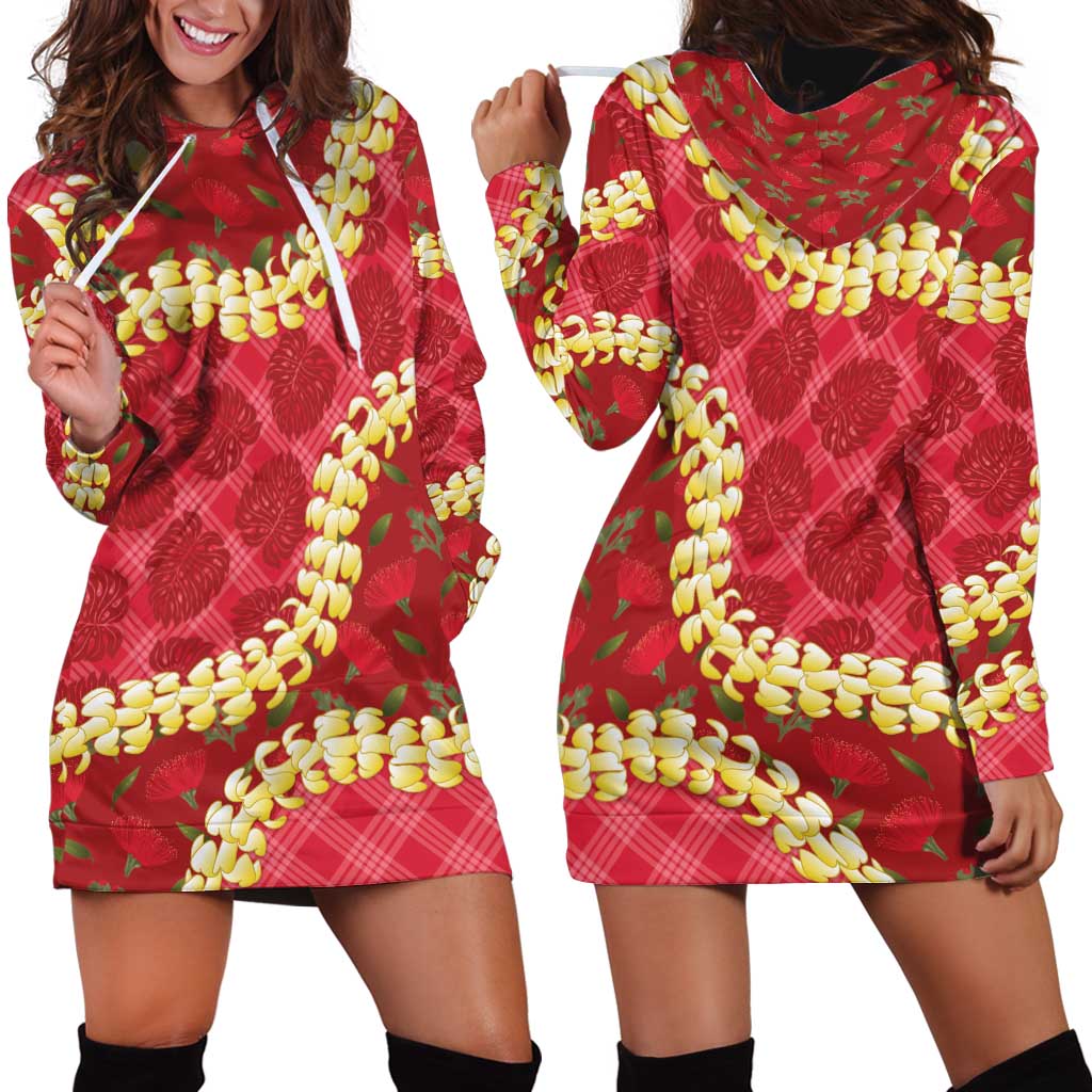Red Palaka Hawaii Mele Kalikimaka Hoodie Dress Ohia Lehua Monstera Puakenikeni Lei - Polynesian Pride