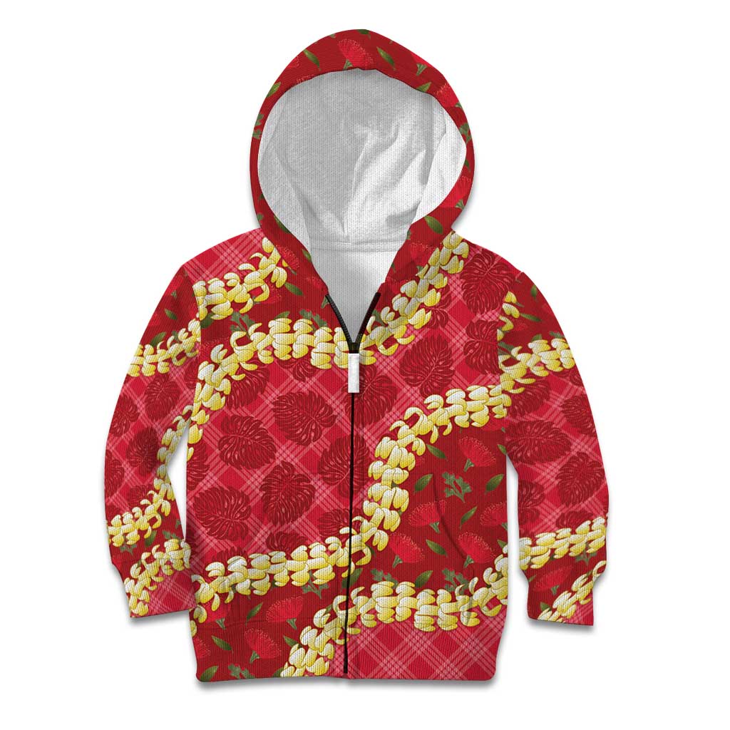 Red Palaka Hawaii Mele Kalikimaka Kid Hoodie Ohia Lehua Monstera Puakenikeni Lei - Polynesian Pride