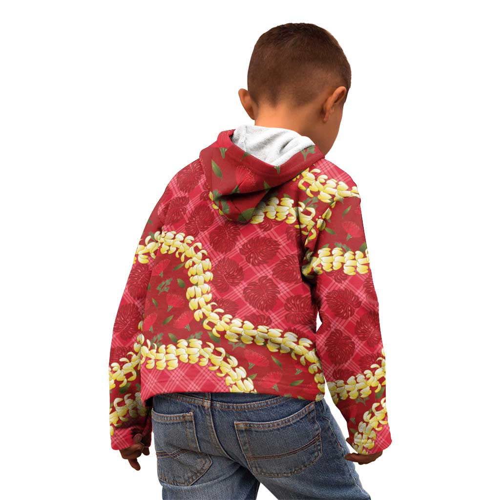Red Palaka Hawaii Mele Kalikimaka Kid Hoodie Ohia Lehua Monstera Puakenikeni Lei - Polynesian Pride