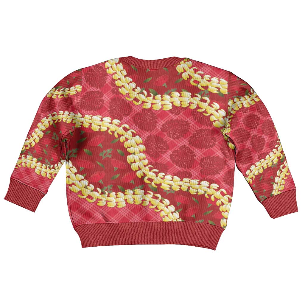 Red Palaka Hawaii Mele Kalikimaka Kid Ugly Christmas Sweater Ohia Lehua Monstera Puakenikeni Lei - Polynesian Pride