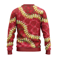 Red Palaka Hawaii Mele Kalikimaka Ugly Christmas Sweater Ohia Lehua Monstera Puakenikeni Lei - Polynesian Pride