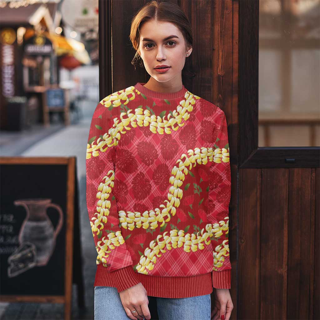 Red Palaka Hawaii Mele Kalikimaka Ugly Christmas Sweater Ohia Lehua Monstera Puakenikeni Lei - Polynesian Pride