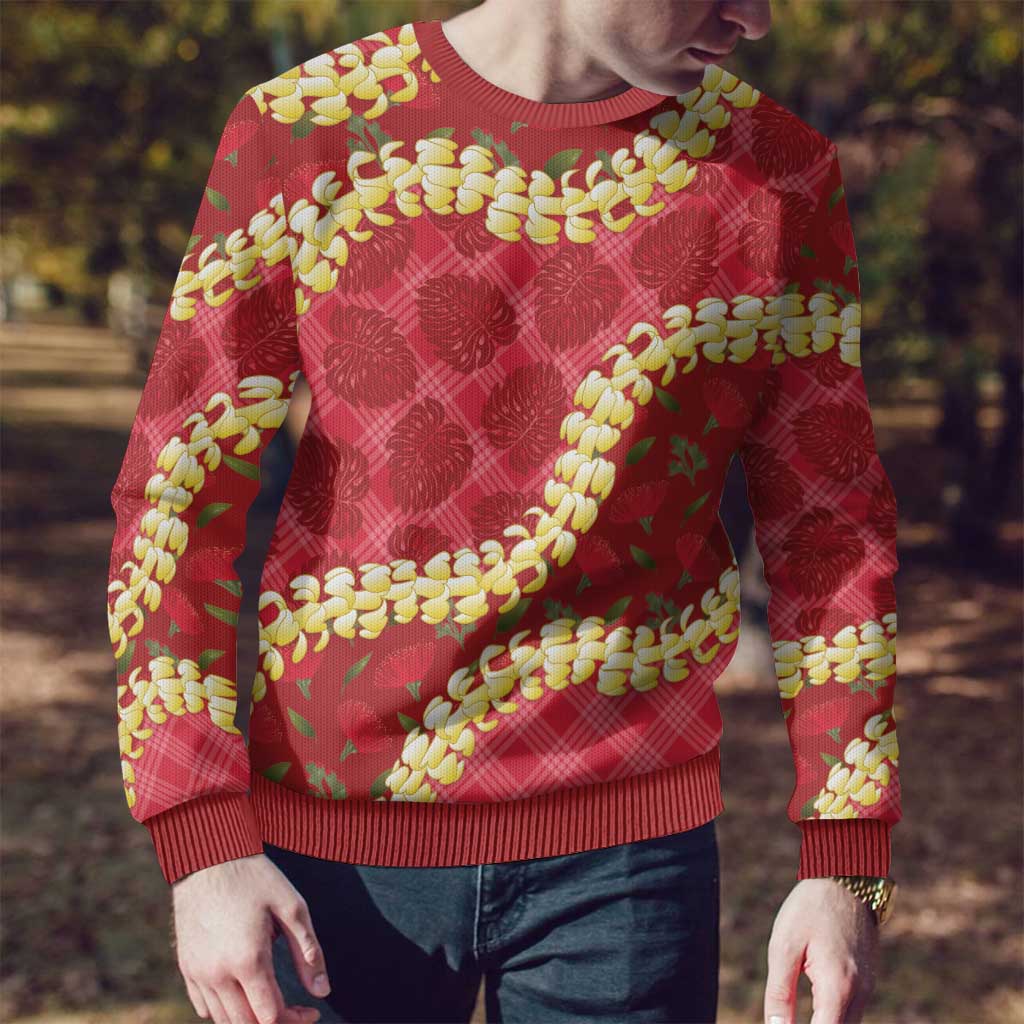 Red Palaka Hawaii Mele Kalikimaka Ugly Christmas Sweater Ohia Lehua Monstera Puakenikeni Lei - Polynesian Pride