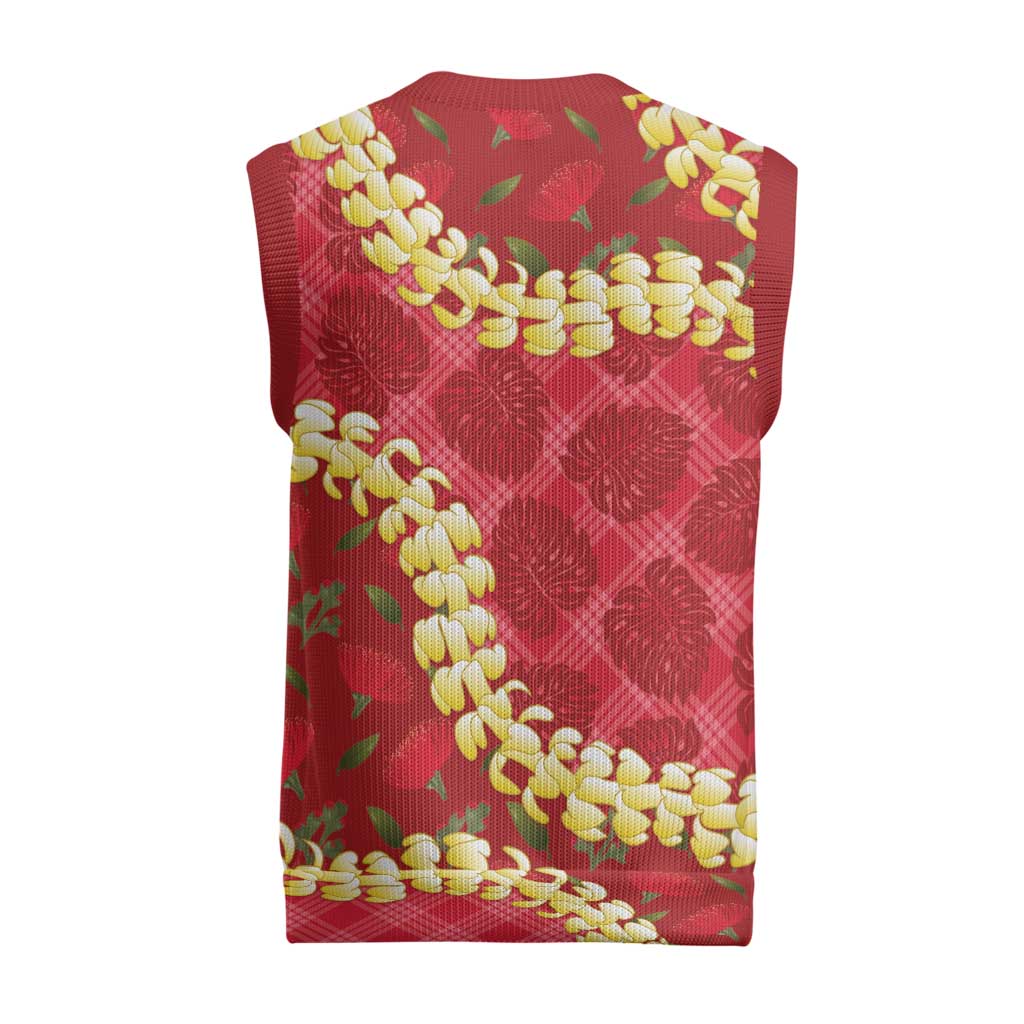 Red Palaka Hawaii Mele Kalikimaka Christmas Knitted V-Neck Vest Ohia Lehua Monstera Puakenikeni Lei - Polynesian Pride