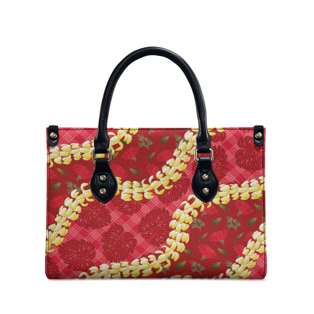 Red Palaka Hawaii Mele Kalikimaka Leather Bag Ohia Lehua Monstera Puakenikeni Lei - Polynesian Pride