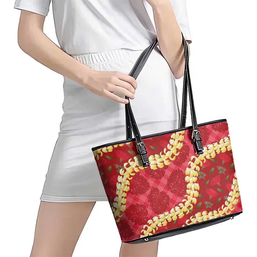 Red Palaka Hawaii Mele Kalikimaka Leather Tote Bag Ohia Lehua Monstera Puakenikeni Lei - Polynesian Pride