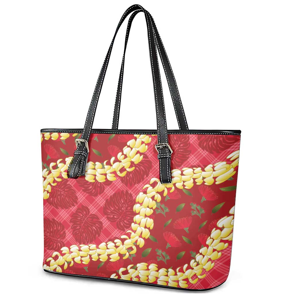 Red Palaka Hawaii Mele Kalikimaka Leather Tote Bag Ohia Lehua Monstera Puakenikeni Lei - Polynesian Pride