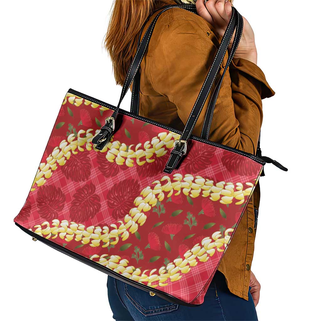 Red Palaka Hawaii Mele Kalikimaka Leather Tote Bag Ohia Lehua Monstera Puakenikeni Lei - Polynesian Pride