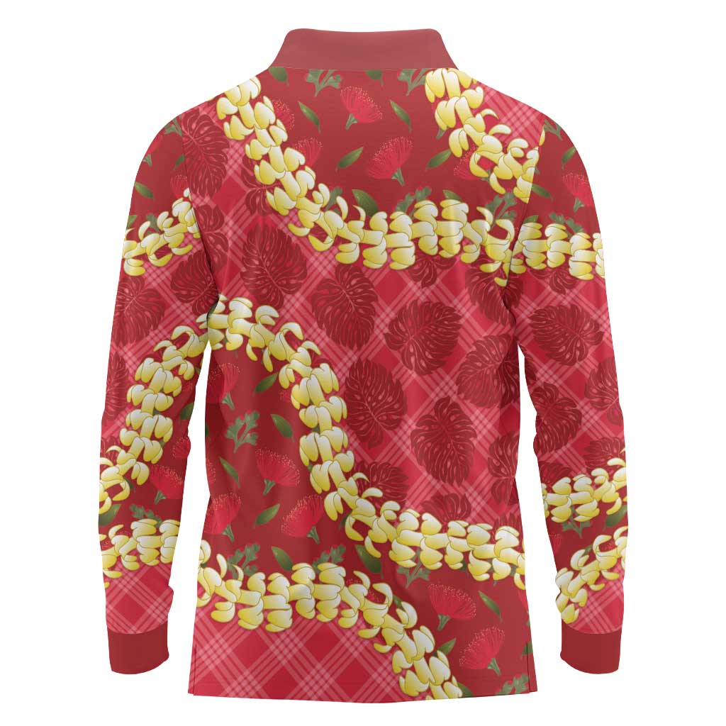 Red Palaka Hawaii Mele Kalikimaka Long Sleeve Polo Shirt Ohia Lehua Monstera Puakenikeni Lei - Polynesian Pride