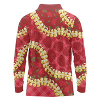 Red Palaka Hawaii Mele Kalikimaka Long Sleeve Polo Shirt Ohia Lehua Monstera Puakenikeni Lei - Polynesian Pride