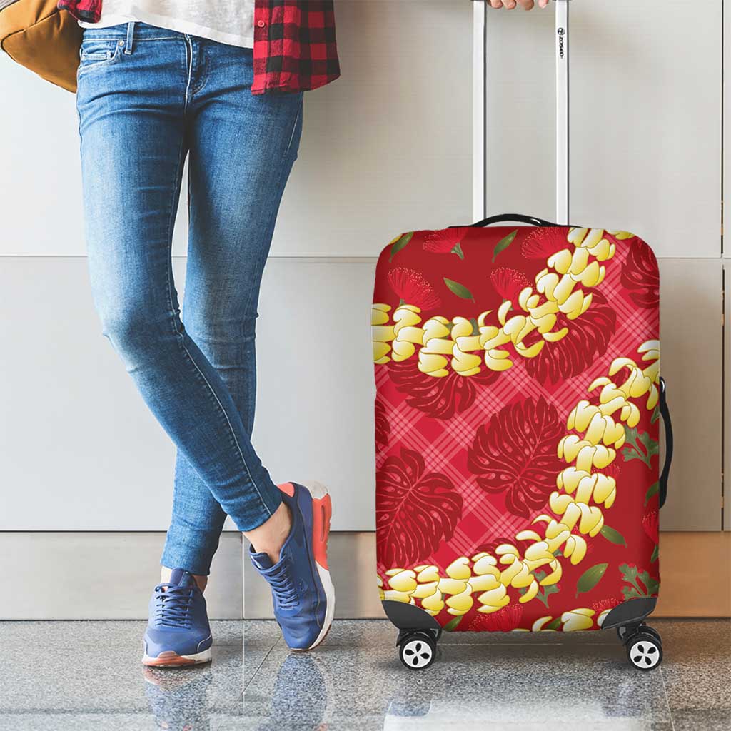 Red Palaka Hawaii Mele Kalikimaka Luggage Cover Ohia Lehua Monstera Puakenikeni Lei - Polynesian Pride