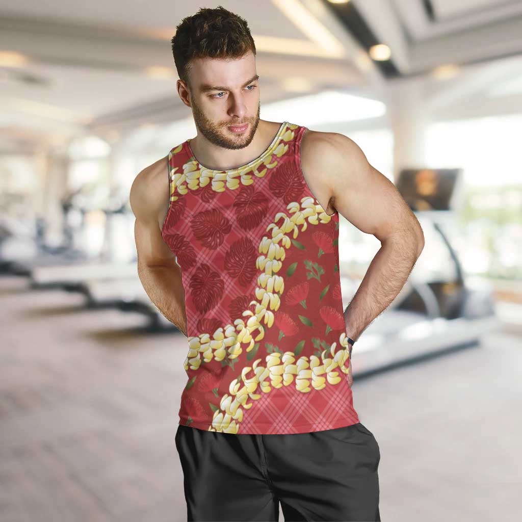 Red Palaka Hawaii Mele Kalikimaka Men Tank Top Ohia Lehua Monstera Puakenikeni Lei - Polynesian Pride