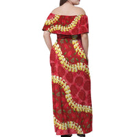 Red Palaka Hawaii Mele Kalikimaka Off Shoulder Maxi Dress Ohia Lehua Monstera Puakenikeni Lei - Polynesian Pride