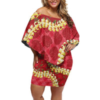 Red Palaka Hawaii Mele Kalikimaka Off Shoulder Short Dress Ohia Lehua Monstera Puakenikeni Lei - Polynesian Pride