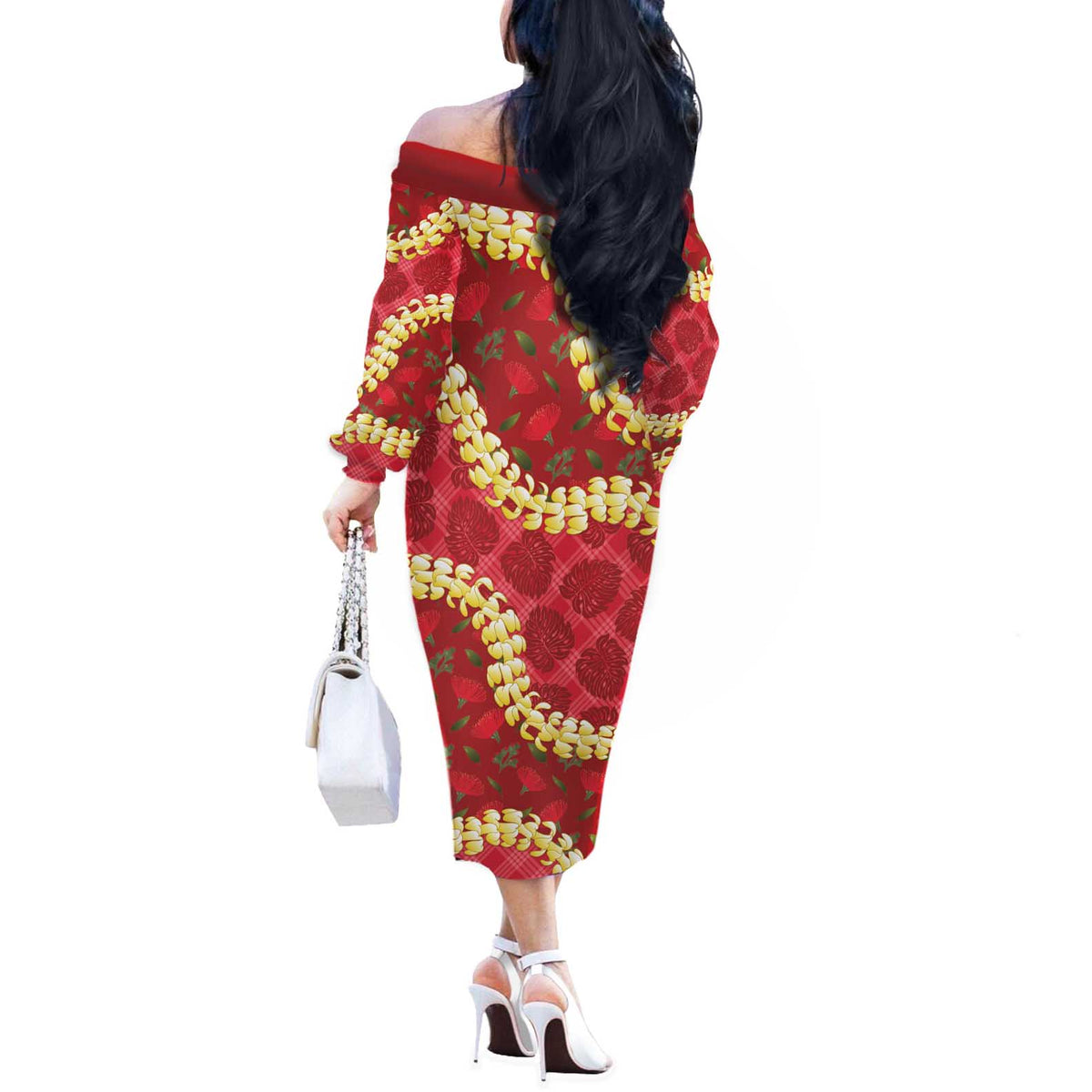 Red Palaka Hawaii Mele Kalikimaka Off The Shoulder Long Sleeve Dress Ohia Lehua Monstera Puakenikeni Lei - Polynesian Pride