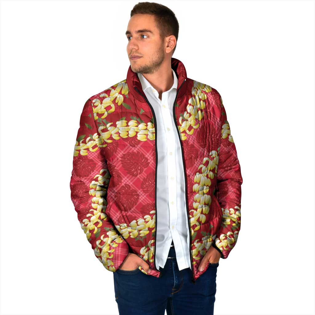 Red Palaka Hawaii Mele Kalikimaka Padded Jacket Ohia Lehua Monstera Puakenikeni Lei LT14 - Polynesian Pride