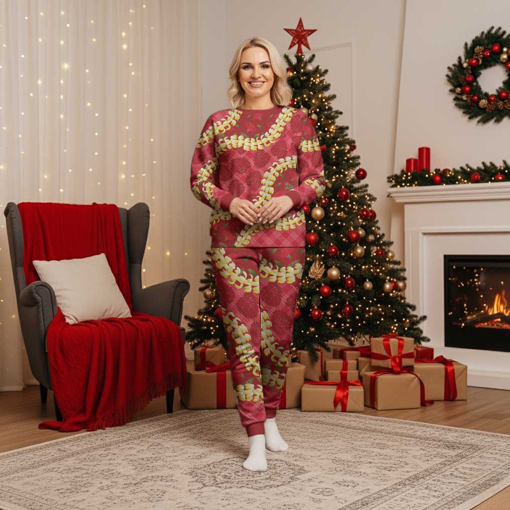 Red Palaka Hawaii Mele Kalikimaka Christmas Pajama Set Ohia Lehua Monstera Puakenikeni Lei - Polynesian Pride