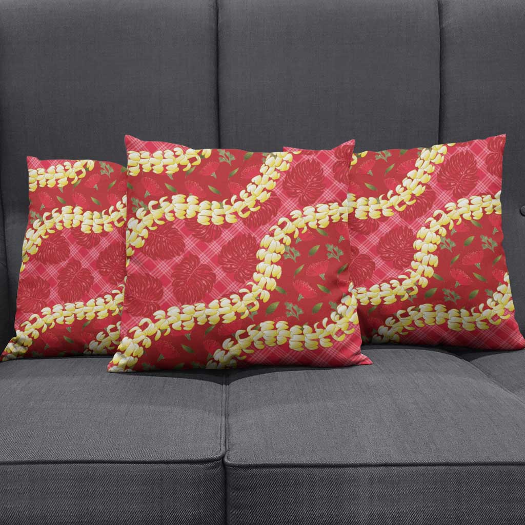 Red Palaka Hawaii Mele Kalikimaka Pillow Cover Ohia Lehua Monstera Puakenikeni Lei - Polynesian Pride