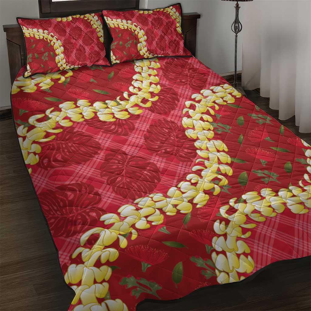 Red Palaka Hawaii Mele Kalikimaka Quilt Bed Set Ohia Lehua Monstera Puakenikeni Lei - Polynesian Pride