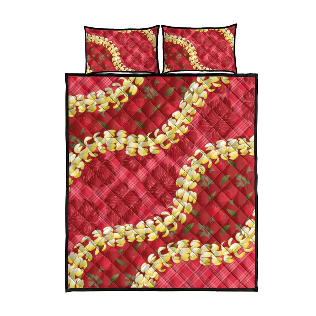 Red Palaka Hawaii Mele Kalikimaka Quilt Bed Set Ohia Lehua Monstera Puakenikeni Lei - Polynesian Pride