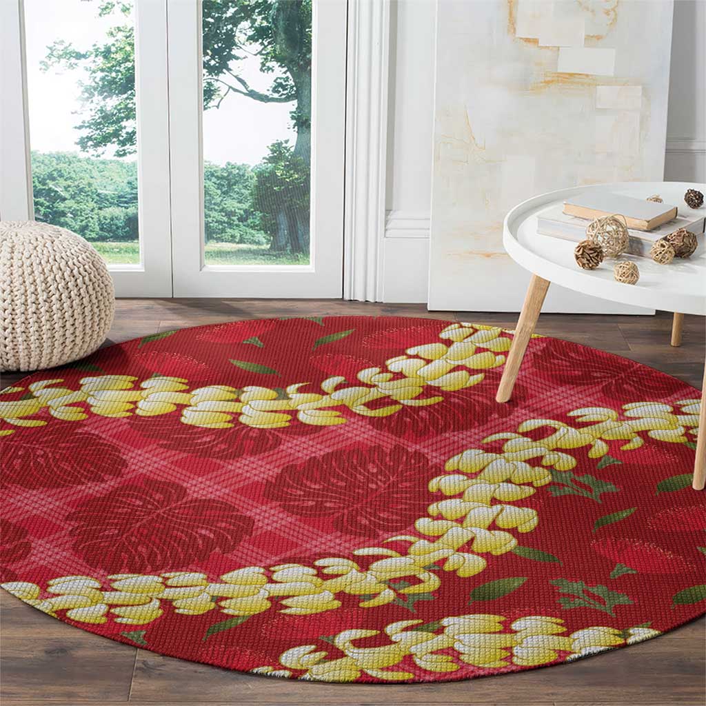 Red Palaka Hawaii Mele Kalikimaka Round Carpet Ohia Lehua Monstera Puakenikeni Lei - Polynesian Pride