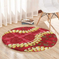 Red Palaka Hawaii Mele Kalikimaka Round Carpet Ohia Lehua Monstera Puakenikeni Lei - Polynesian Pride